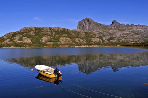 The rocky hills of the Rodoy peninsula from Vaerangfjord, north-west Norway