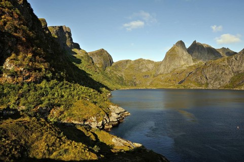 Djupfjord and surrounding mountains in the early morning, Lofoten Islands, north-west Norway