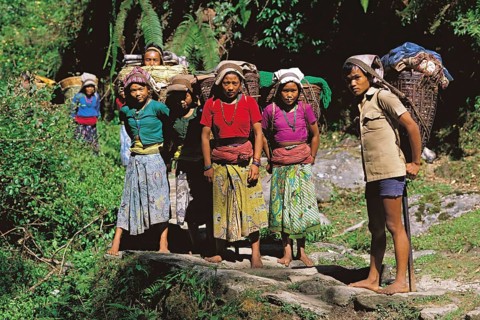 Group of youngsters on a trading trip carrying goods back to their home village in the Makalu