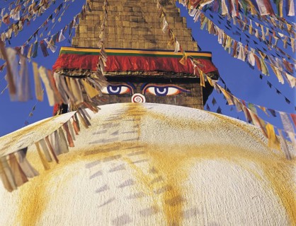Close-up of the Great Stupa in the Tibetan quarter at Boddnath or Bauda in the Kathandu valley,