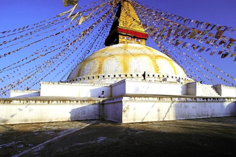 The Great Stupa in the Tibetan quarter at Boddnath or Bauda in the Kathandu valley, Nepal, Asia
