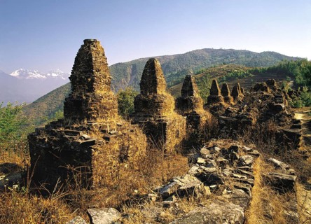 Buddhist chortens at an ancient cemetery near Gul Bhanjyang in the Helambu region of central Nepal