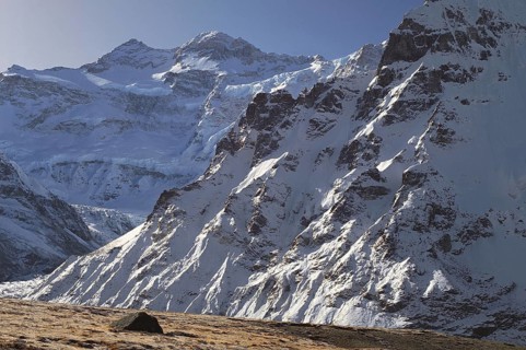 The summit of Kangchenjunga (left) seen from Pang Pema in east Nepal