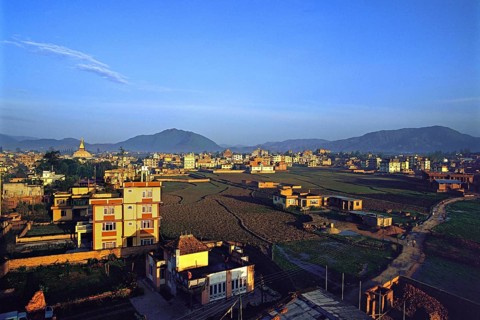 The Kathmandu suburb of Bauddha or Bodnath in the early morning, Kathmandu valley, Nepal, Asia