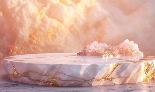 Abstract background with marble podium and rose quartz, minimal scene for product display AI