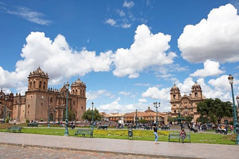 Plaza de Armas in the historic centre of Cusco, on the left the Cathedral of Cusco or Cathedral