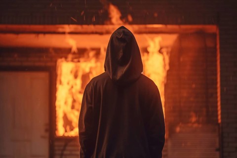 Back view of hooded figure in front of burning building. Arson concept. KI generiert, generiert AI