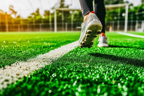 Close-up, person wearing football boots and running on a bright green pitch in sunny weather, AI
