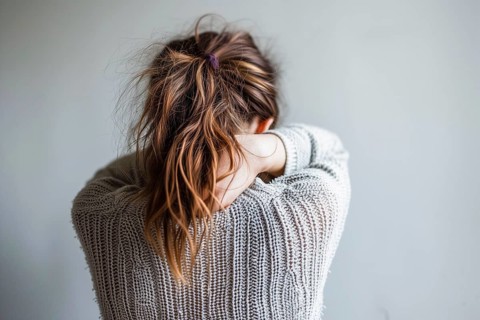 A girl from behind, visibly pensive, with a bun in her hair and holding her neck, symbolising