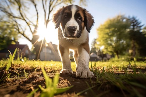 A curious cute Saint Bernard puppy with expressive eyes and floppy ears, exploring the outdoors on