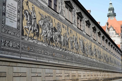 Procession of the Wettin princes as a wall frieze made of Meissen porcelain tiles, Dresden, Saxony,