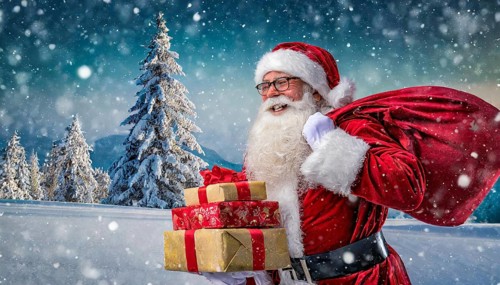 AI generated, man, 70+, Father Christmas, red coat, backpack, full beard, winter, snow, ice, fir