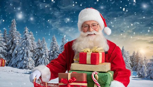 AI generated, man, 70+, Father Christmas, red coat, backpack, full beard, winter, snow, ice, fir