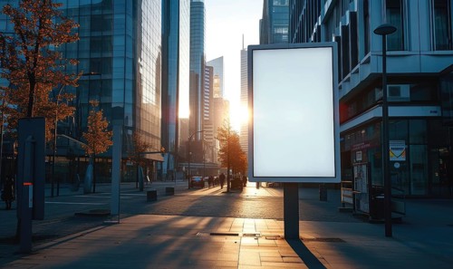 Blank street billboard on city street. Mock up of vertical advertising stand in the street AI