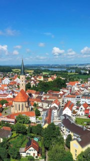 Aerial view of Dingolfing with a view of the historic town centre. Dingolfing, Lower Bavaria,