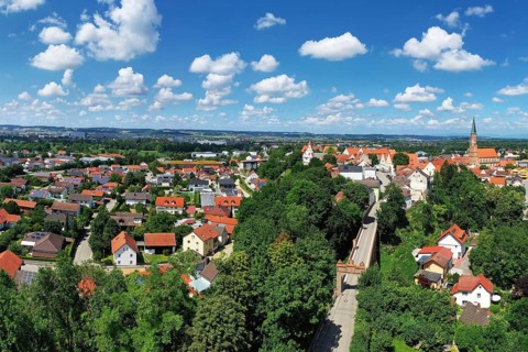 Aerial view of Dingolfing with a view of the historic town centre. Dingolfing, Lower Bavaria,