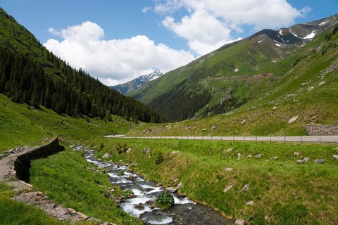 A mountain stream flows beside a road through an idyllic landscape, Capra River, mountain road,