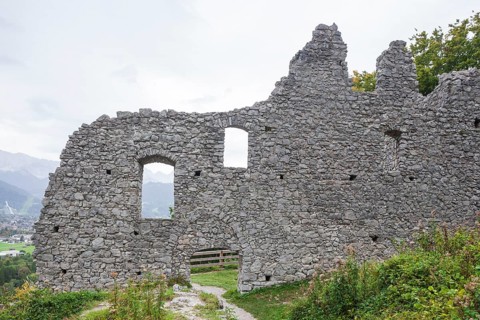 Ruin of Werdenfels Castle with overcast sky, Garmisch-Partenkirchen, Werdenfelser Land, Upper