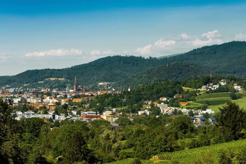 City view, in the foreground the Vauban neighbourhood, Freiburg im Breisgau, Black Forest,