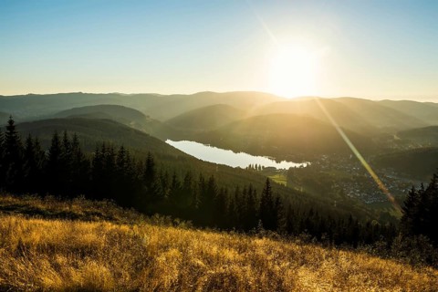 View from Hochfirst to Titisee and Feldberg, sunset, near Neustadt, Black Forest,