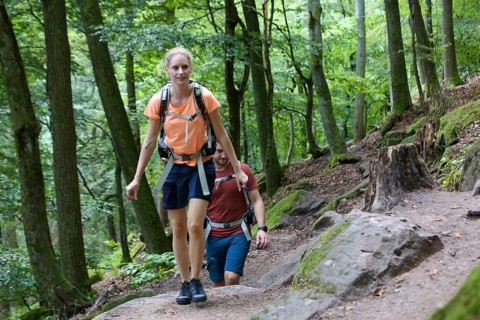 Symbolic image: Young couple hiking in the Palatinate Forest, here on the fifth stage of the
