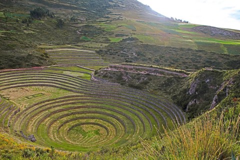 Terraces in the Inca complex Moray in Valle Sagrado, Maras, Cusco region, Peru, South America