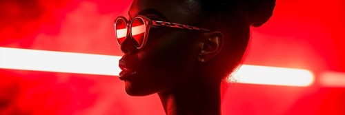 Strong portrait of a woman with glasses, characterised by red neon lines and her silhouette, AI