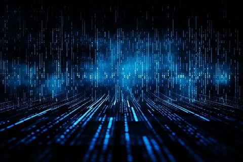 Blue dynamic digital data streams, showcasing flowing lines of code in a mesmerizing pattern, ideal