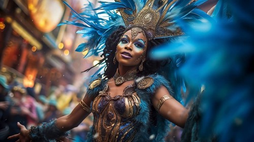 A dancer mascot adorned in a dazzling costume with feathers, immersed in the energetic atmosphere