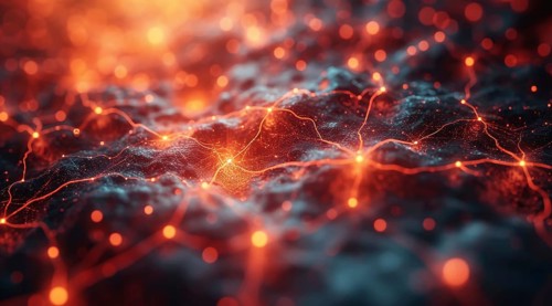 Intense orange glow over a complex neural network, creating a sense of energetic dynamics, ai