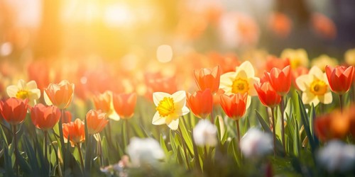 Red tulip and yellow Daffodil spring flowers in meadow with sunlight. KI generiert, generiert AI
