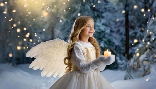 AI generated, girl, angel, winter, snow, ice, firs, snowy, snowflakes, winter landscape, costume,
