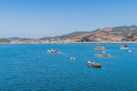 Floating docks loaded with fishing gear in water off island coastal seaport in Yeosu, South Korea,