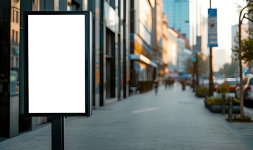 Blank street billboard on city street. Mock up of vertical advertising stand in the street AI
