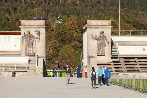Olympic Stadium, 1936 venue of the Winter Games, torchbearer, Garmisch-Partenkirchen, Upper