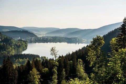Lake and mountains, Titisee, Black Forest, Baden-Wuerttemberg, Germany, Europe