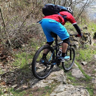 Mountain biker in difficult terrain in the Palatinate Forest near Wolfsburg