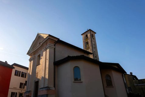 Old Church of Sant'Andrea From Year 1208 with Sunlight and Blue Clear Sky in Agnuzzo, Ticino,