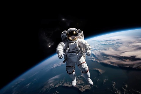Astronaut Floating Above Earth in Space with extravehicular mobility unit and backpack. Wonder and