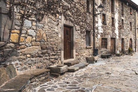 Streets in the medieval town of Rupit in Catalonia Spain