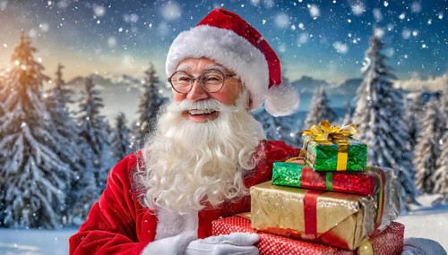 AI generated, man, 70+, Father Christmas, red coat, backpack, full beard, winter, snow, ice, fir