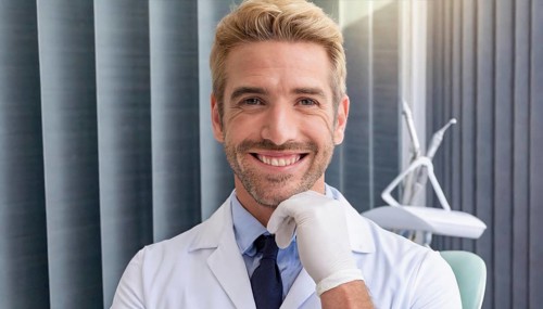 A friendly dentist in his practice, 35, portrait, attractive, attractive, friendly, friendly,