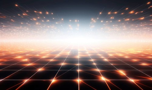 Bright abstract energy scene with orange light streaks on a futuristic digital grid AI generated