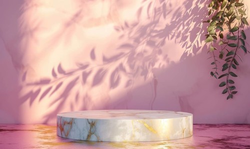 Pink marble podium with shadow of leaves and rose quartz texture background AI generated