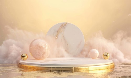 Podium for product presentation. Abstract background with empty round stage with gold decoration