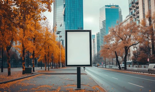 Blank street billboard on city street. Mock up of vertical advertising stand in the street AI