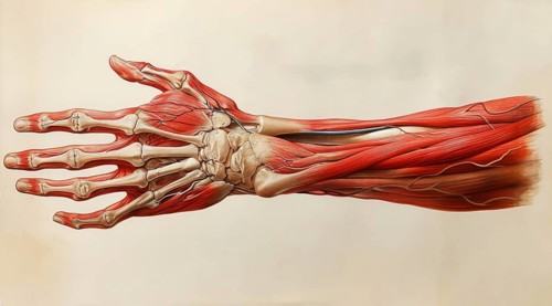 Detailed medical illustration of a dissected hand showing muscles and skeletal structure, AI