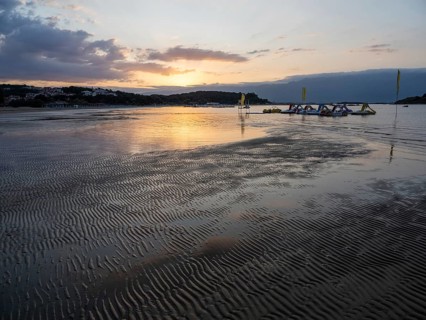 Morning atmosphere on the beach at sunrise, Lopar, island of Rab, Kvarner Gulf Bay, Croatia, Europe