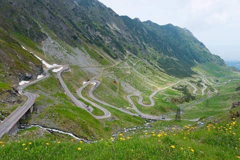 A winding road runs through a mountainous landscape with yellow wildflowers, Balea River, mountain