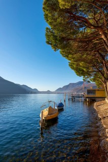 Beautiful Jetty and Old Fishing Boat with Trees on the Waterfront on Lake Lugano in a Sunny Day